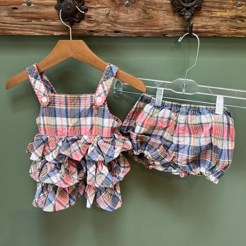 Ralph Lauren Baby Girls 18M Plaid Ruffle Sun Top and Bloomers Set Pink Blue